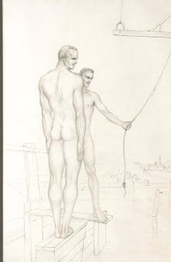 "Two Male Nudes with Rope, " Early and Very Fine Pencil Drawing by John Lear