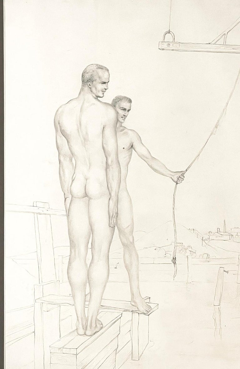 Very finely drawn, and beautifully conceived, this pencil drawing by John Lear depicts two, slender nude male figures standing on a dock or pier, one holding onto a rope dangling from overhead. Behind them is a bucolic townscape along the water,