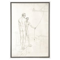 "Two Male Nudes with Rope, " Early and Very Fine Pencil Drawing by John Lear