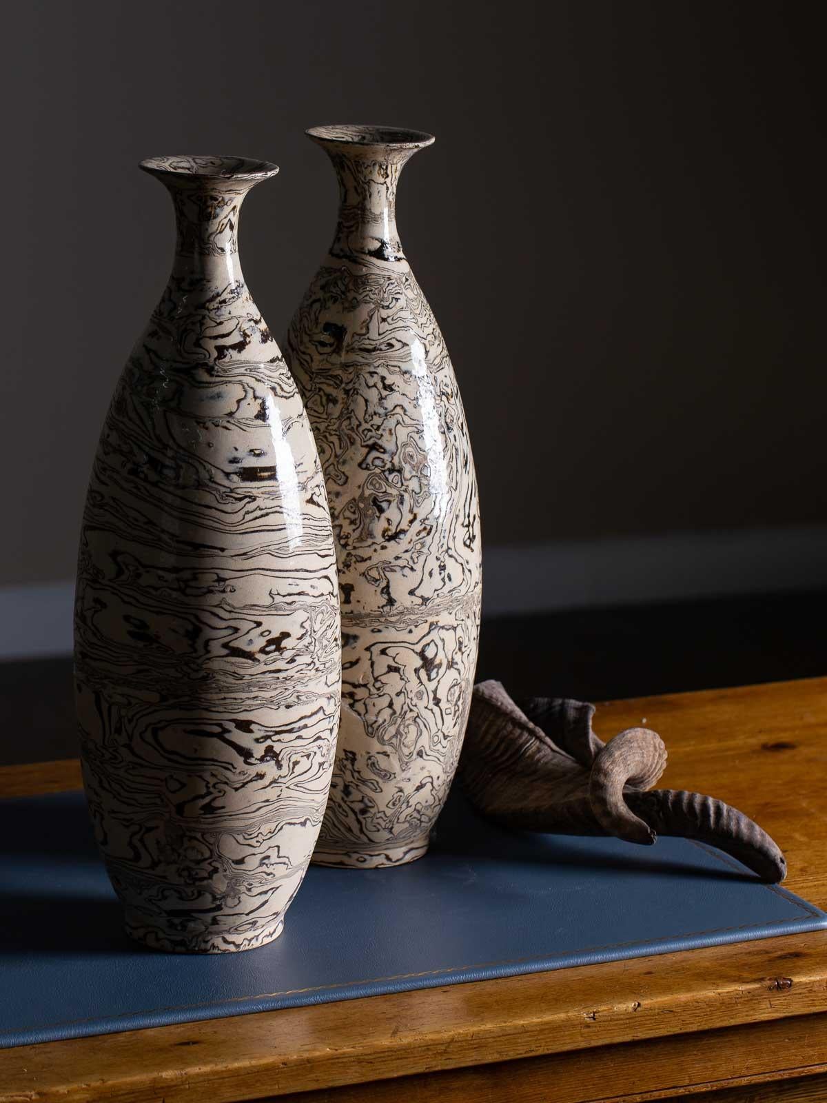 Two Marble Ware Pattern Handmade Modern Pottery Vases Slender Profile 2