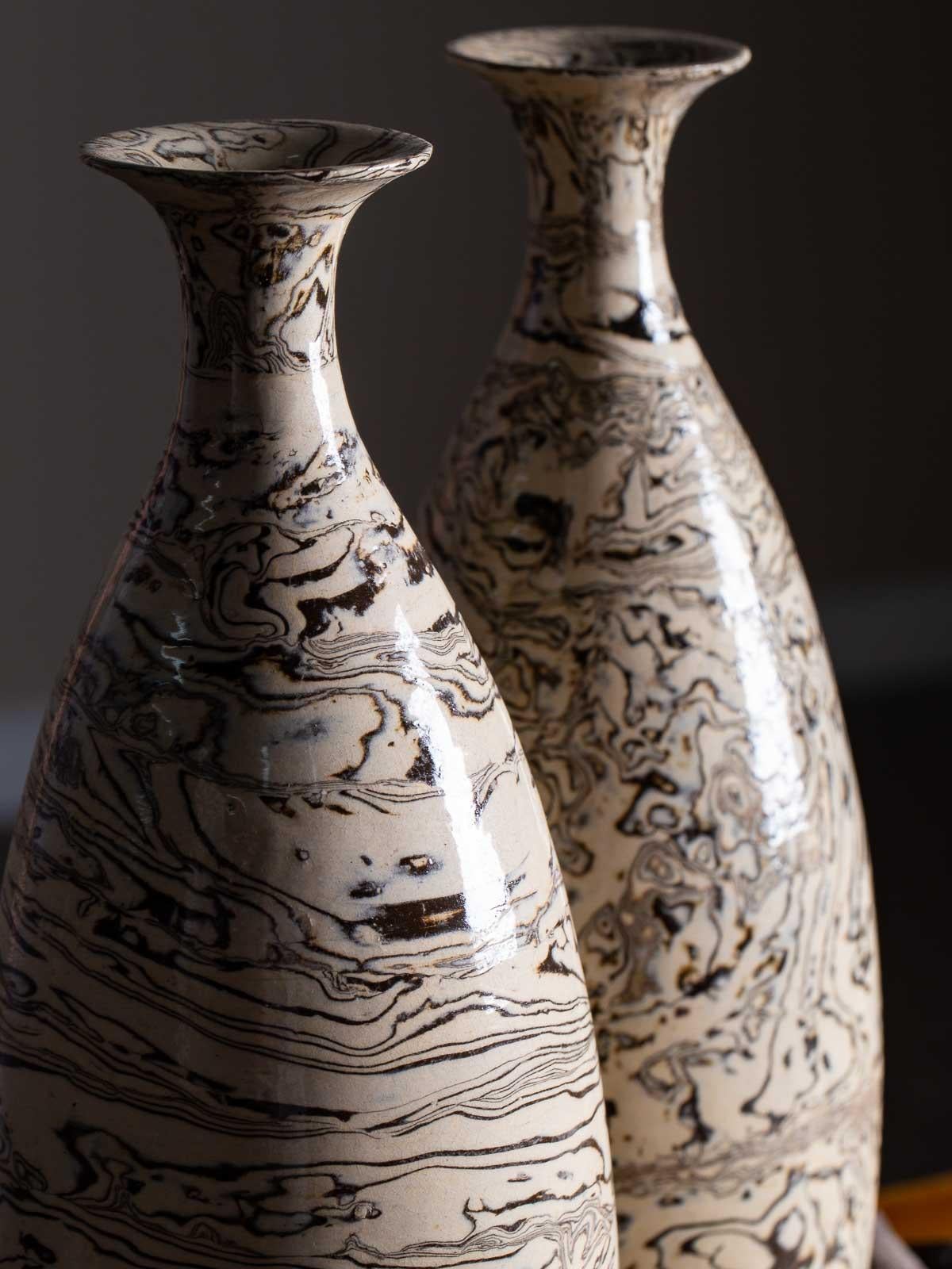 Two Marble Ware Pattern Handmade Modern Pottery Vases Slender Profile 3