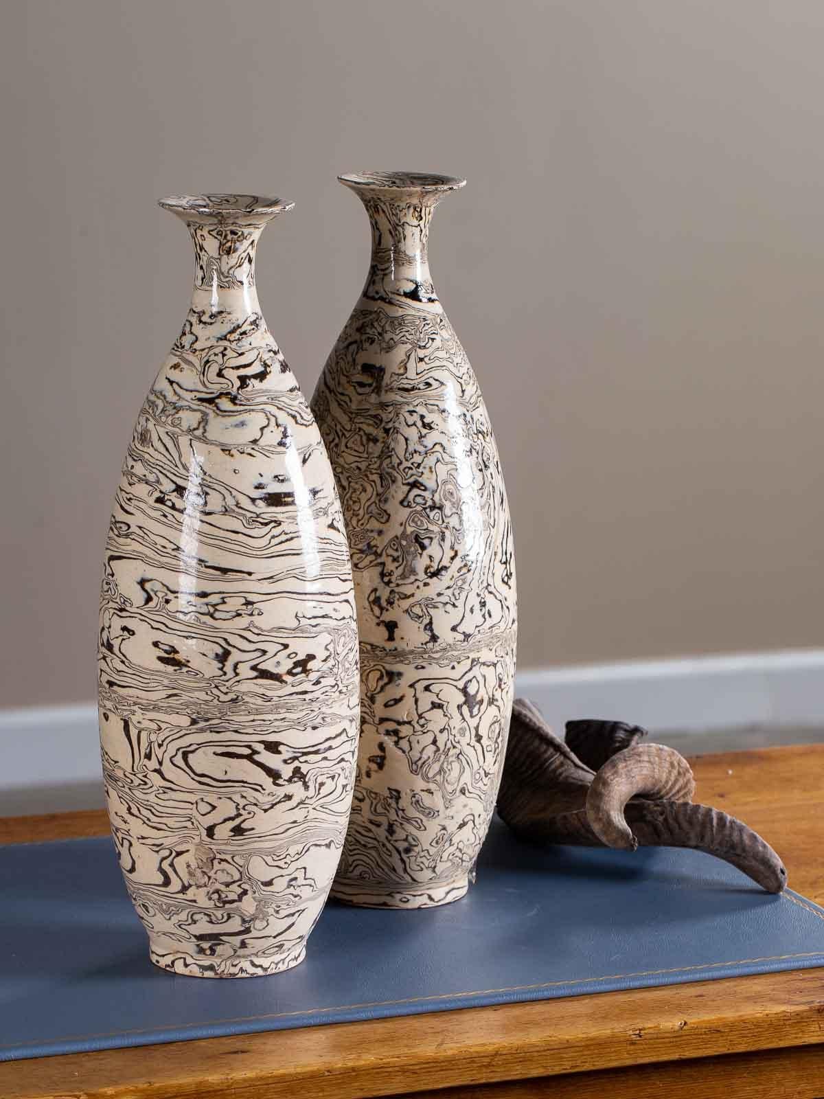 Organic Modern Two Marble Ware Pattern Handmade Modern Pottery Vases Slender Profile