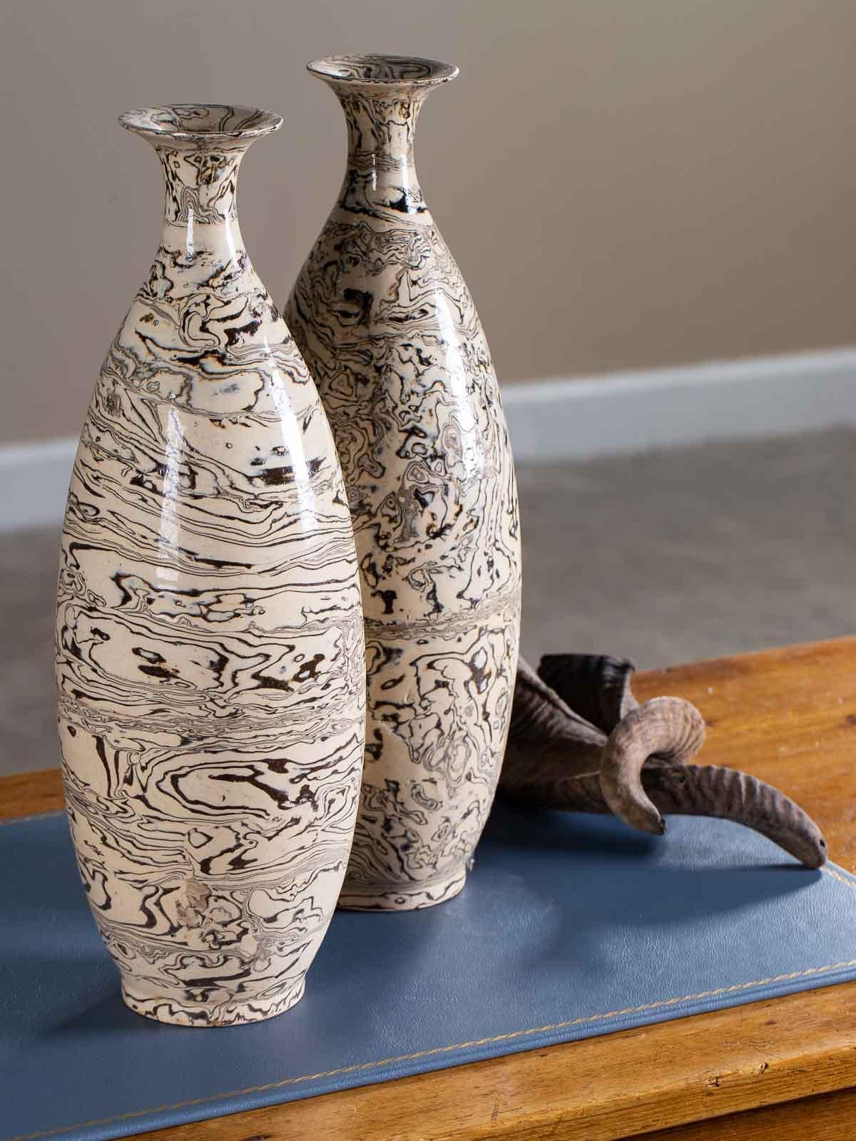 Ceramic Two Marble Ware Pattern Handmade Modern Pottery Vases Slender Profile