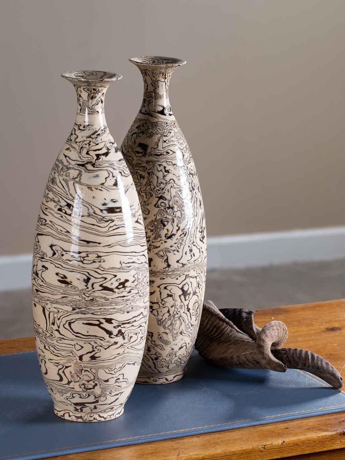 Two Marble Ware Pattern Handmade Modern Pottery Vases Slender Profile 1
