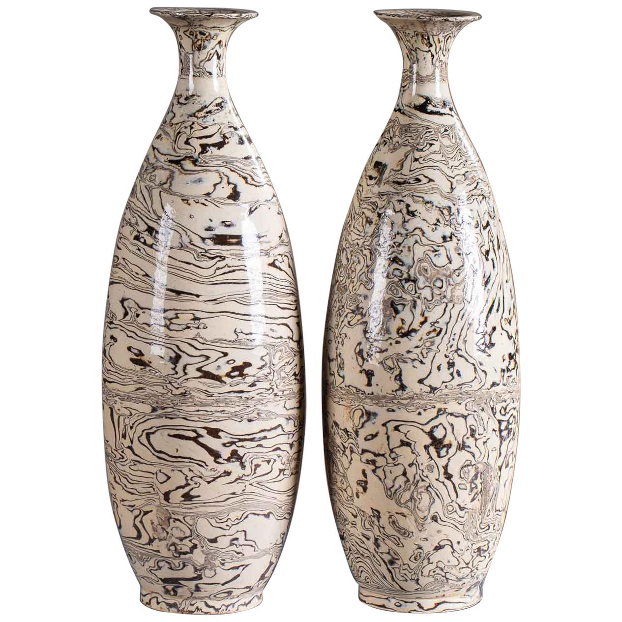 Two Marble Ware Pattern Handmade Modern Pottery Vases Slender Profile
