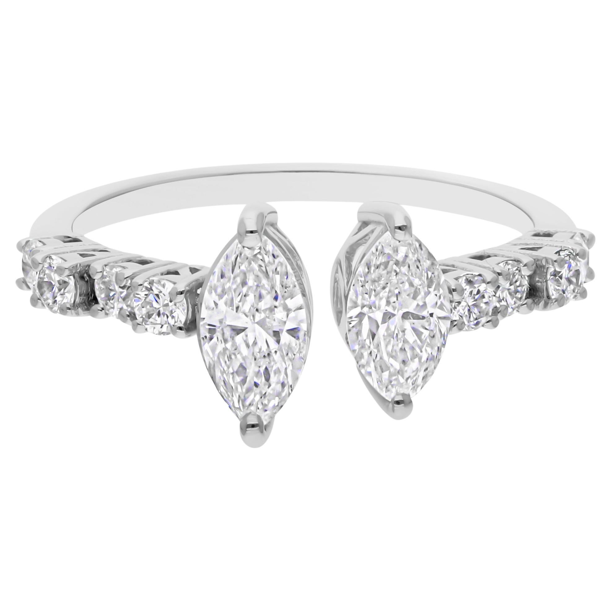 For Sale:  Two Marquise Cut SI Clarity HI Color Natural Diamond Open Ring 14k White Gold