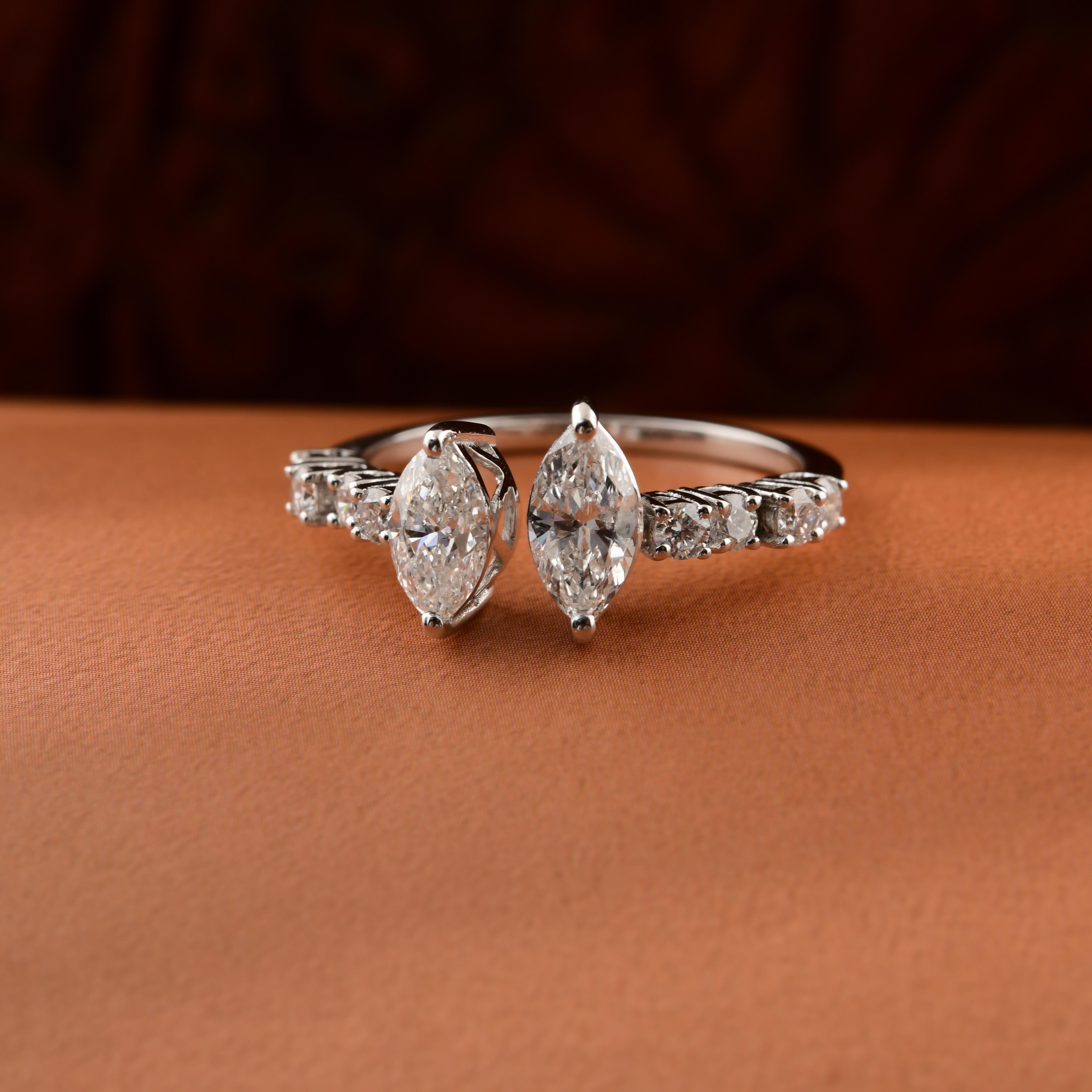 Im Angebot: Zwei Marquise Schliff SI Klarheit HI Farbe Natürlicher Diamant Offener Ring 18k Weißgold () 3