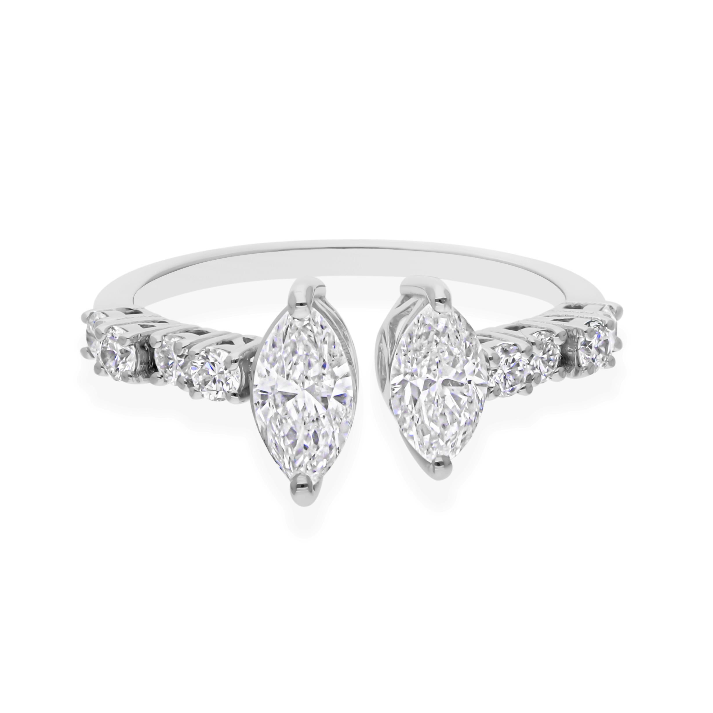 Im Angebot: Zwei Marquise Schliff SI Klarheit HI Farbe Natürlicher Diamant Offener Ring 18k Weißgold () 5