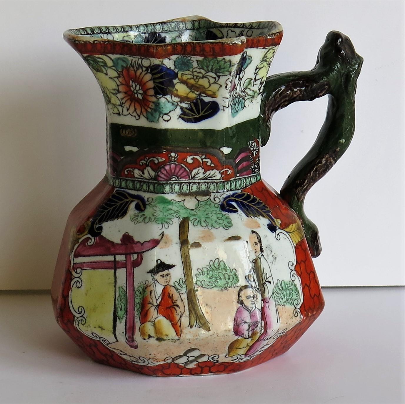 Two Mason's Ironstone Jugs or Pitchers Red Scale Pattern Branch Handles, Ca.1835 3