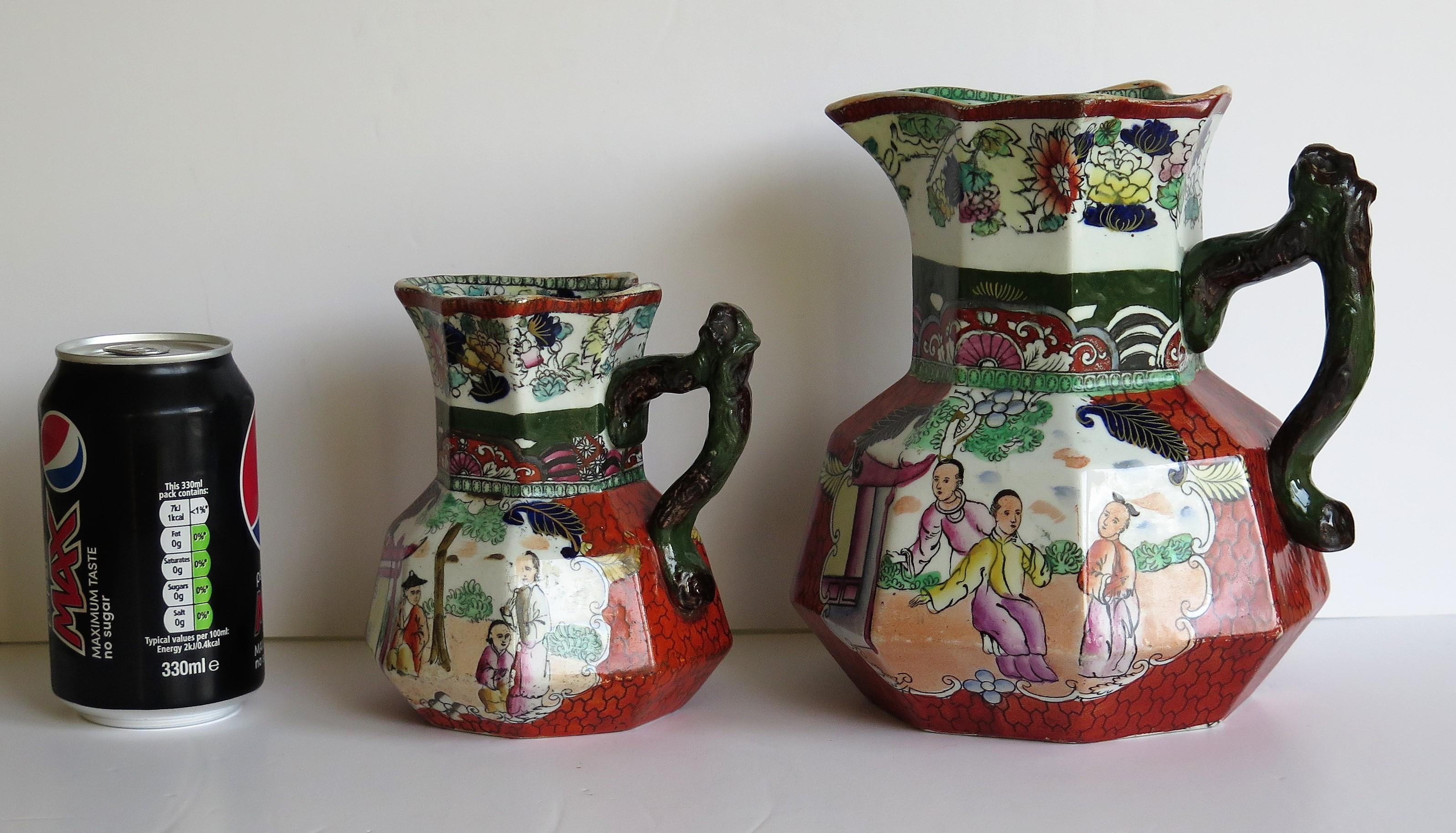 Two Mason's Ironstone Jugs or Pitchers Red Scale Pattern Branch Handles, Ca.1835 11