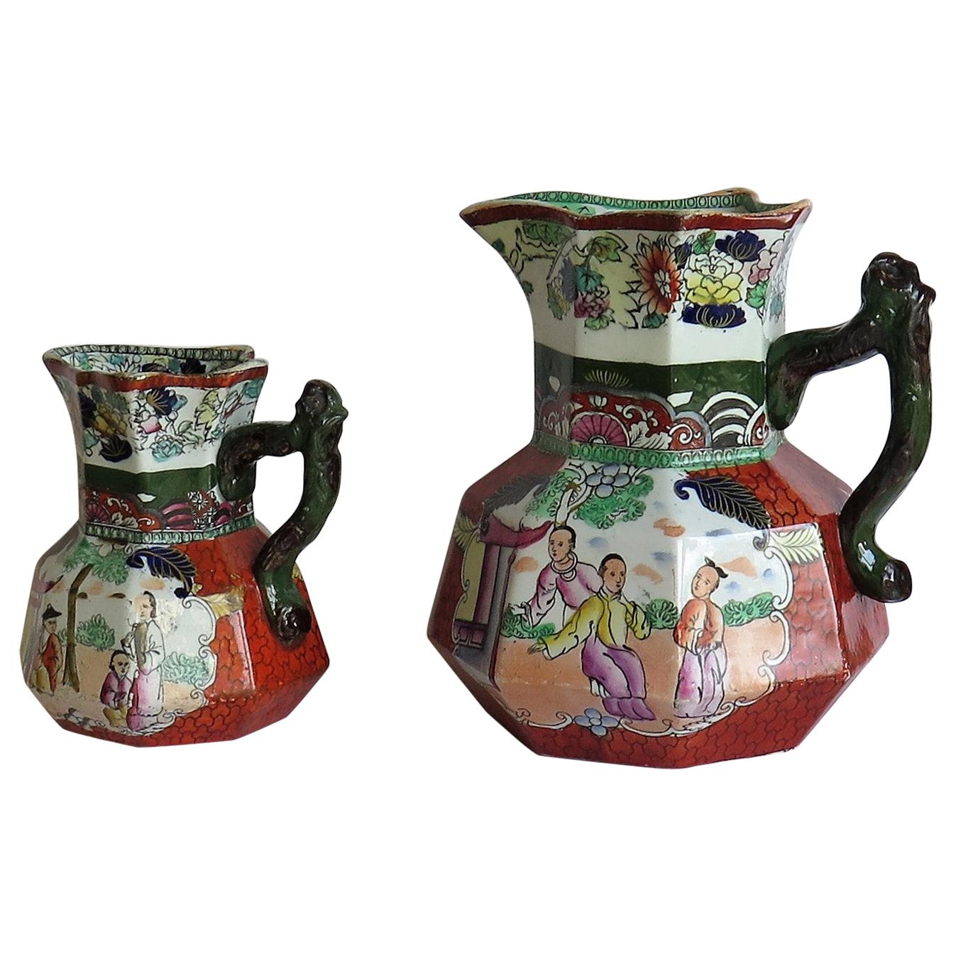 Two Mason's Ironstone Jugs or Pitchers Red Scale Pattern Branch Handles, Ca.1835