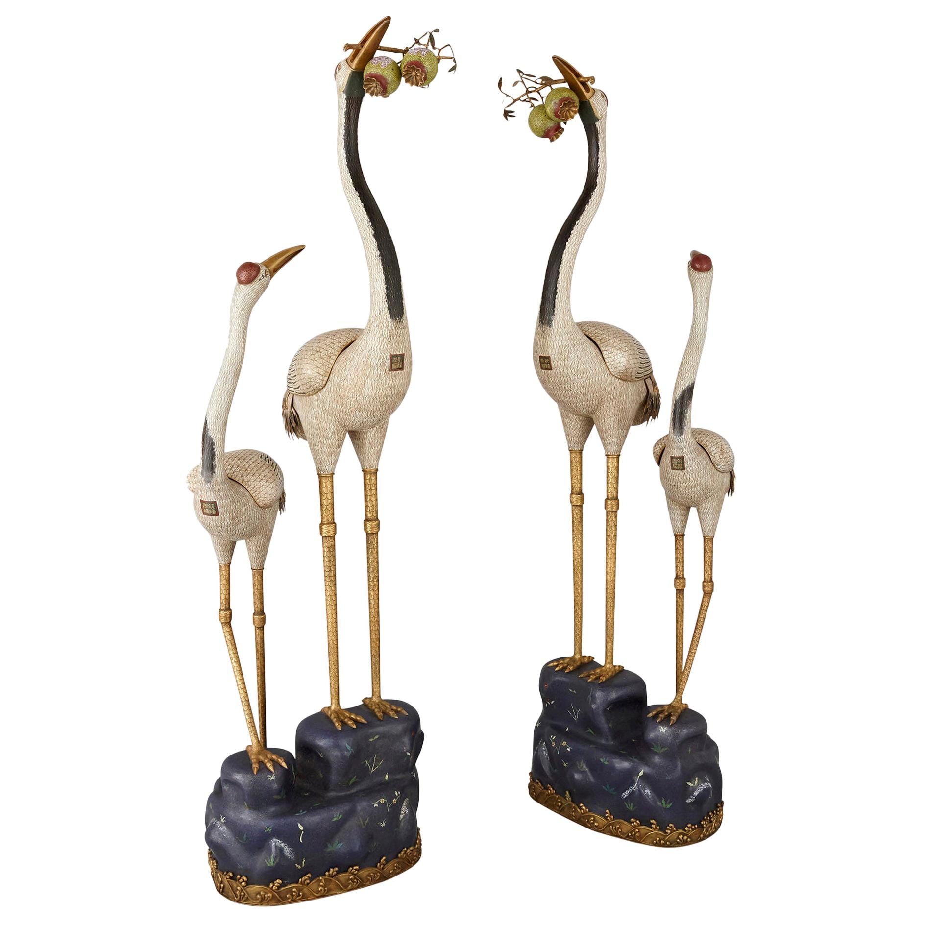 Two Massive Late Qing Cloisonné Enamel Models of Cranes For Sale