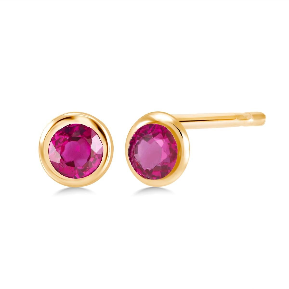 Round Cut Two Matched Burma Rubies Weighing 1.10 Carat Bezel Set Yellow Gold Stud Earrings