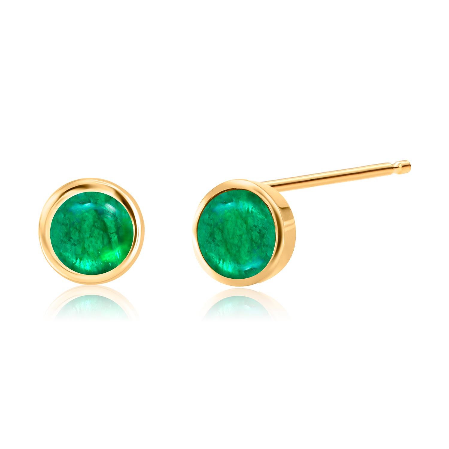 Round Cut Two Matched Cabochon Emeralds Bezel Set Yellow Gold Stud Earrings