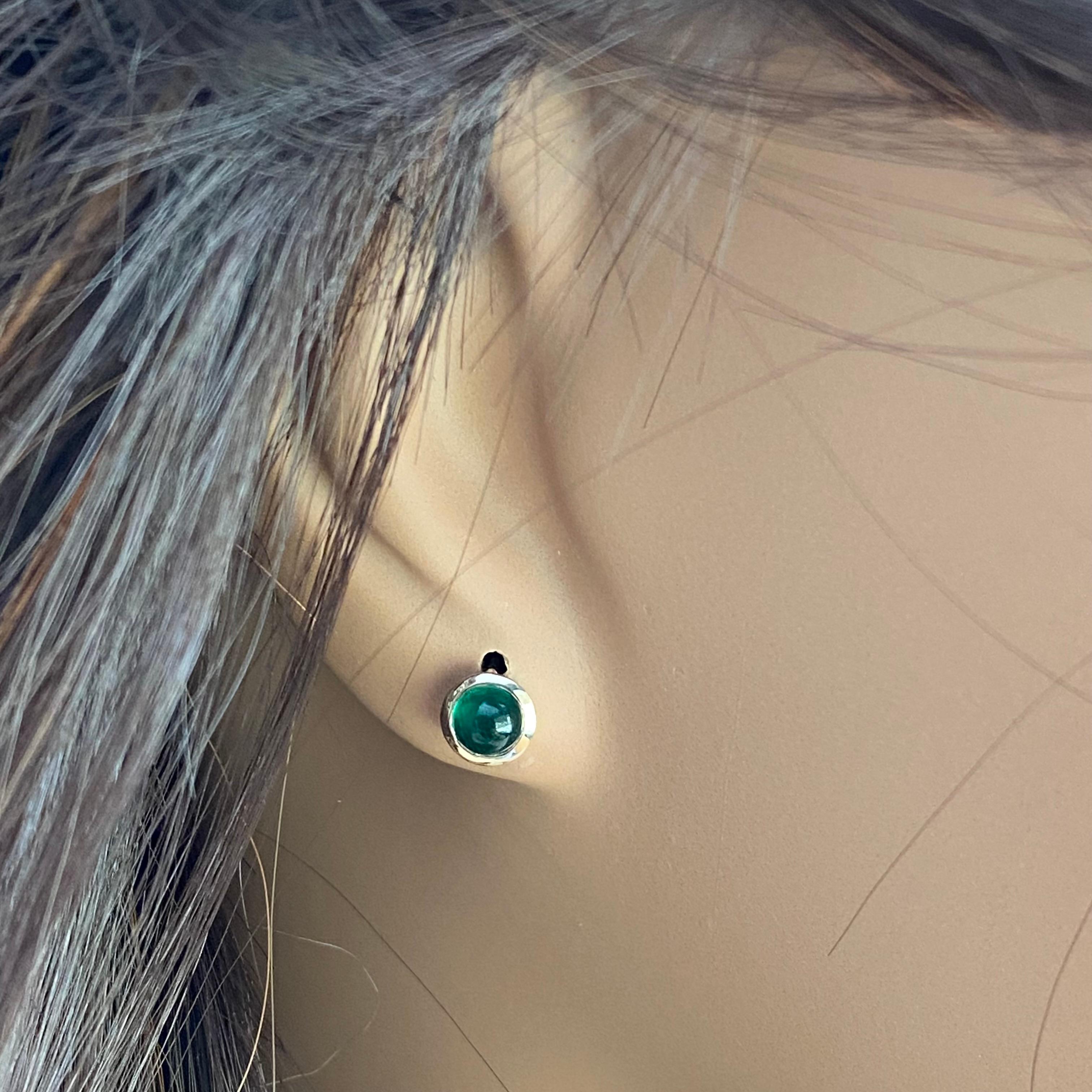 Two Matched Cabochon Emeralds Bezel Set Yellow Gold Stud Earrings 1
