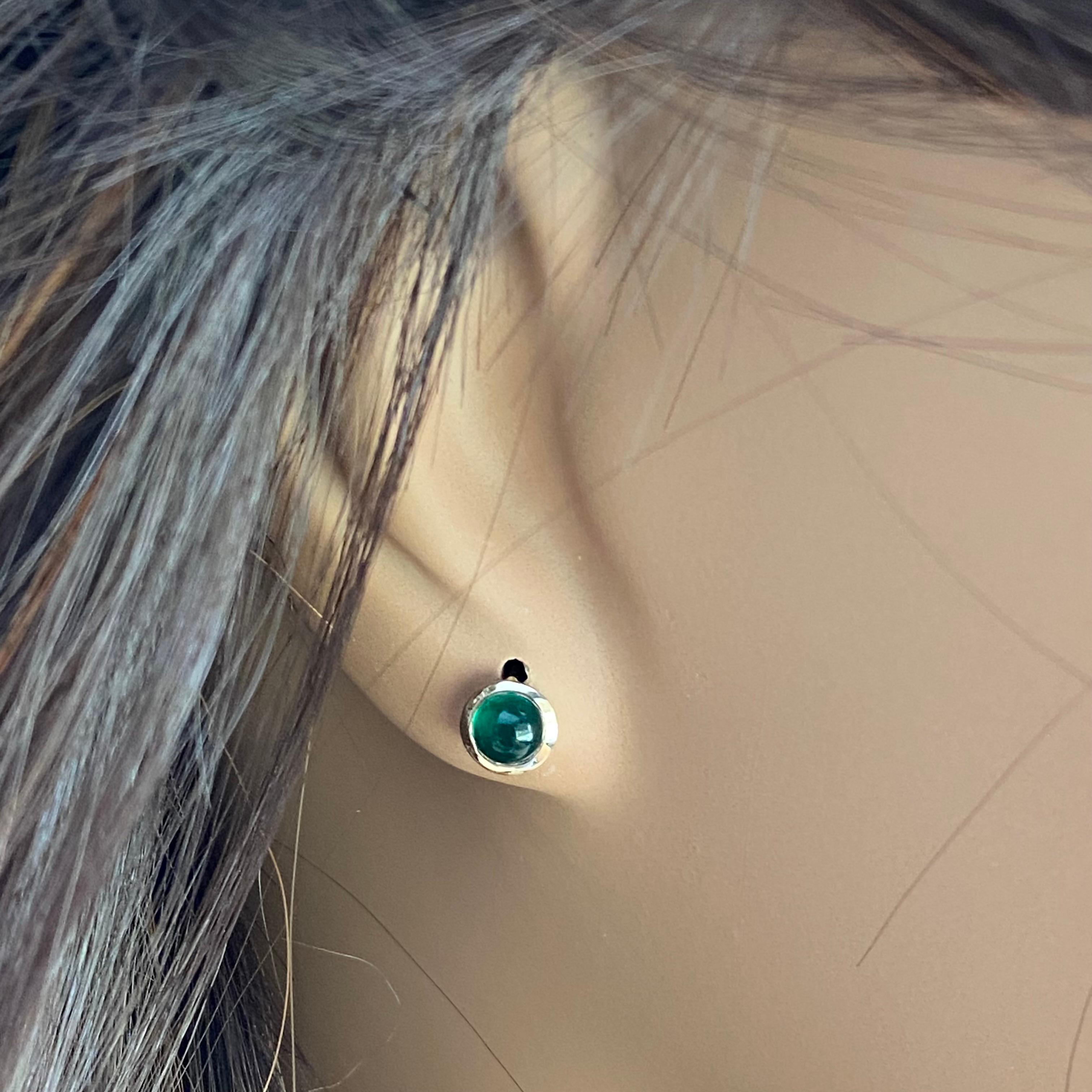 Two Matched Cabochon Emeralds Bezel Set Yellow Gold Stud Earrings 3