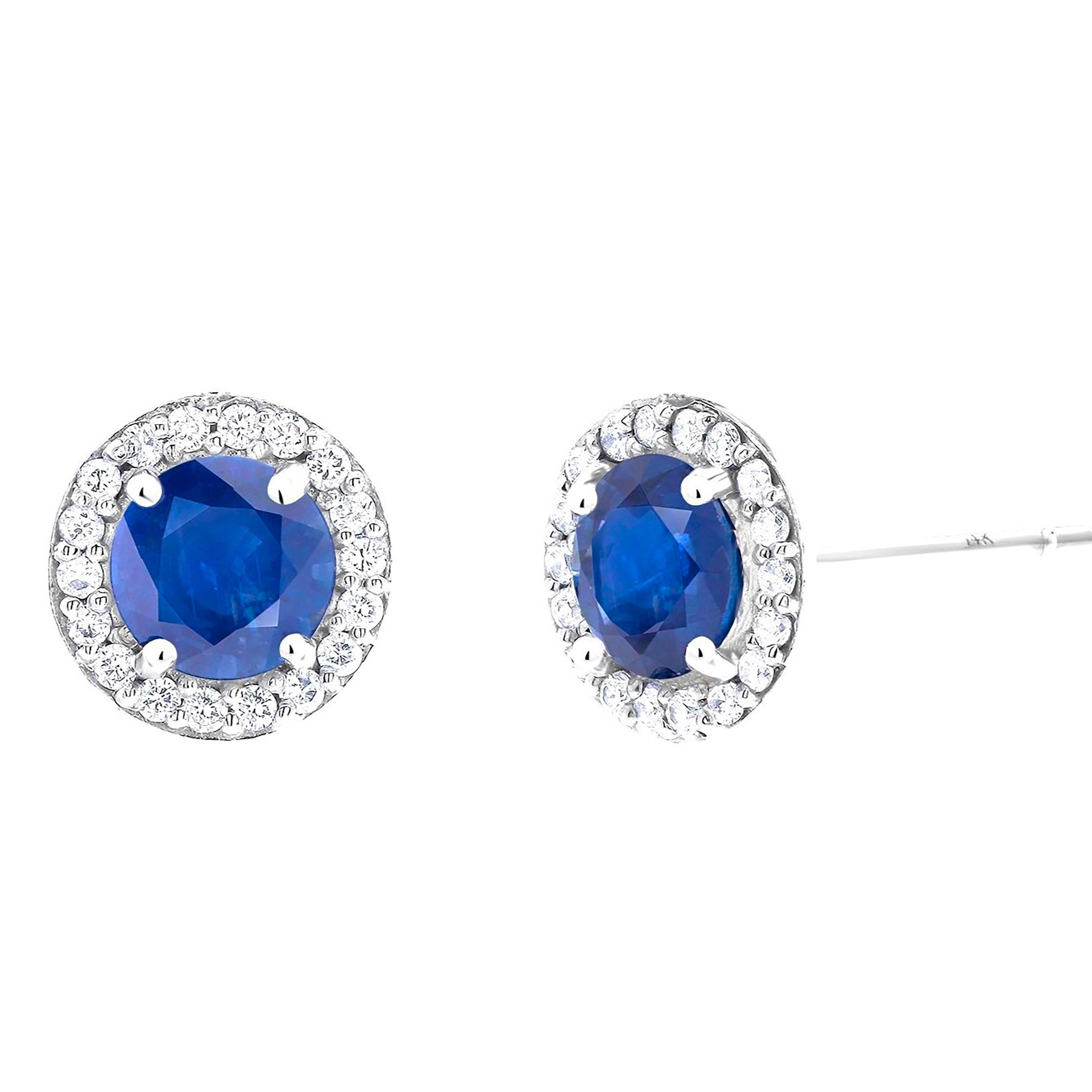 Ceylon Sapphire Diamond 2.40 Carat White Gold Halo 0.40 Inch Stud Earrings In New Condition For Sale In New York, NY