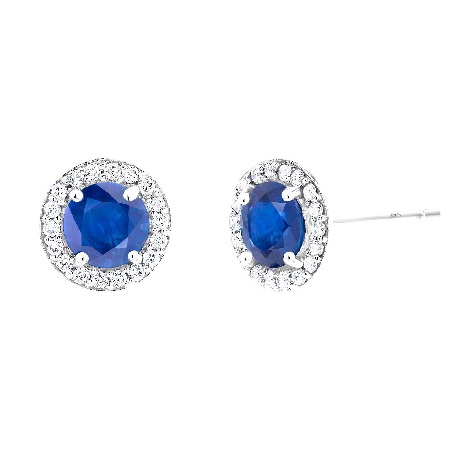 Ceylon Sapphire Diamond 2.40 Carat White Gold Halo 0.40 Inch Stud Earrings For Sale 2