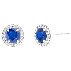 Ceylon Sapphire Diamond 2.40 Carat White Gold Halo 0.40 Inch Stud Earrings