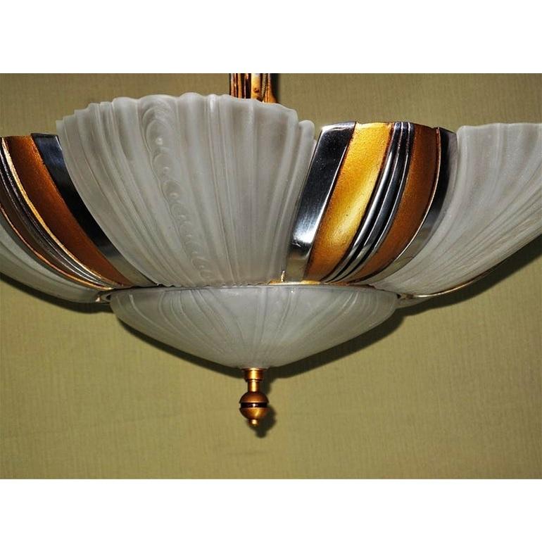 Two matching 7 light bulb 1930s Art Deco ceiling fixtures, priced each. Restored For Sale 1