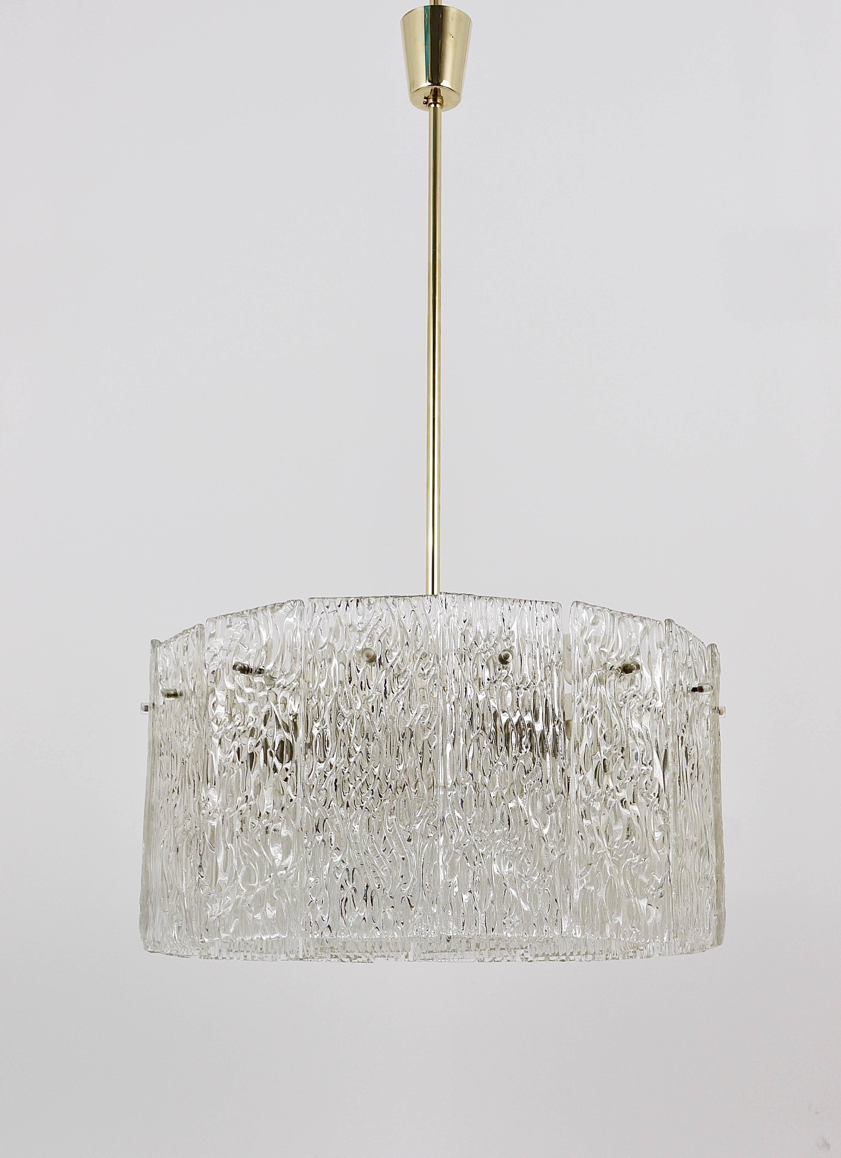 20th Century Two Matching Kalmar Brass and Textured Glass Midcentury Chandeliers, 1960s For Sale