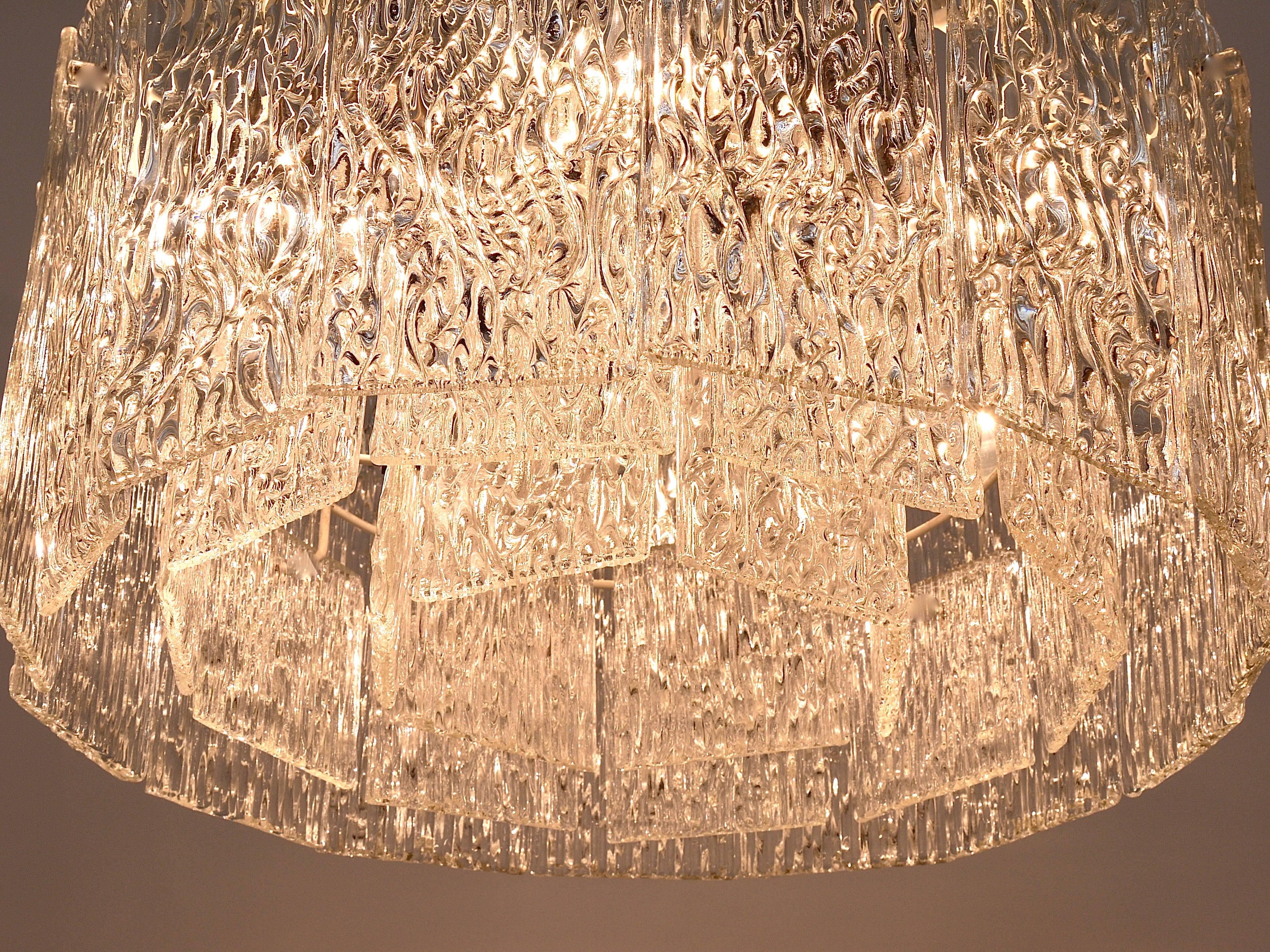 Crystal Two Matching Kalmar Brass and Textured Glass Midcentury Chandeliers, 1960s For Sale