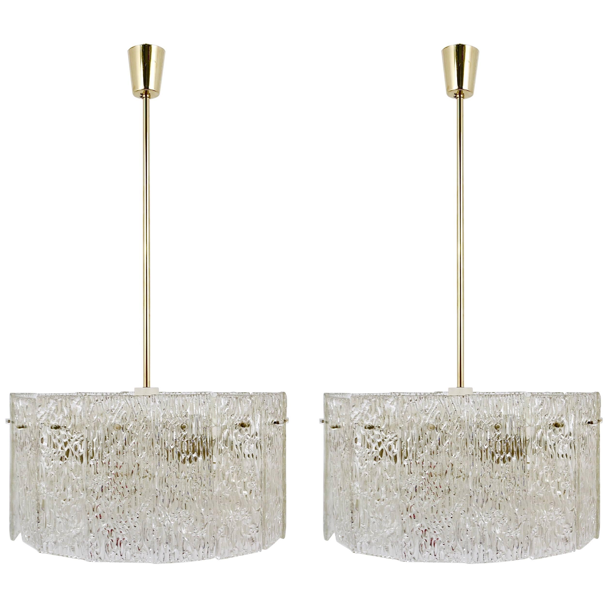 Two Matching Kalmar Brass and Textured Glass Midcentury Chandeliers, 1960s For Sale