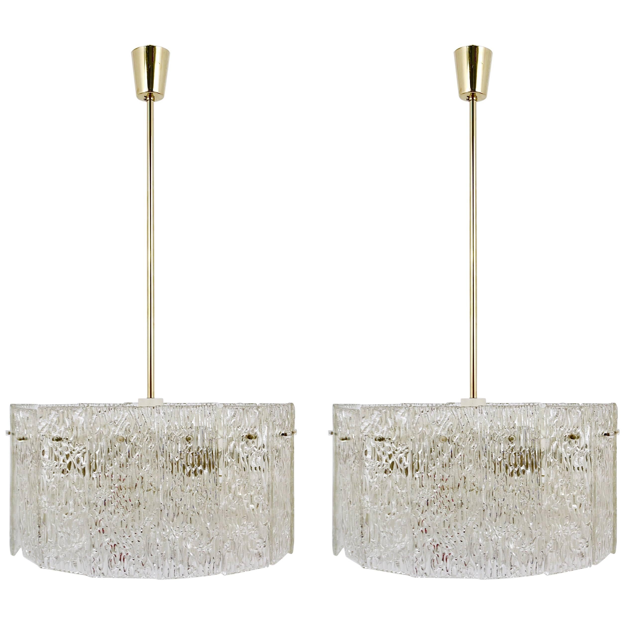 Kalmar Vienna Two Tambour Drum Brass & Glass Midcentury Chandeliers, 1960s