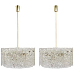 Two Matching Kalmar Brass and Textured Glass Midcentury Chandeliers, 1960s