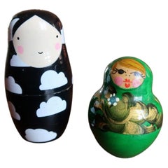 Two Matryoshka Nesting Dolls, Traditional Russian Green & Modern Black 2C113