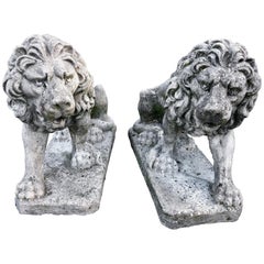 Two Medium Italian Cement Cast Garden Gate Lions, 1950