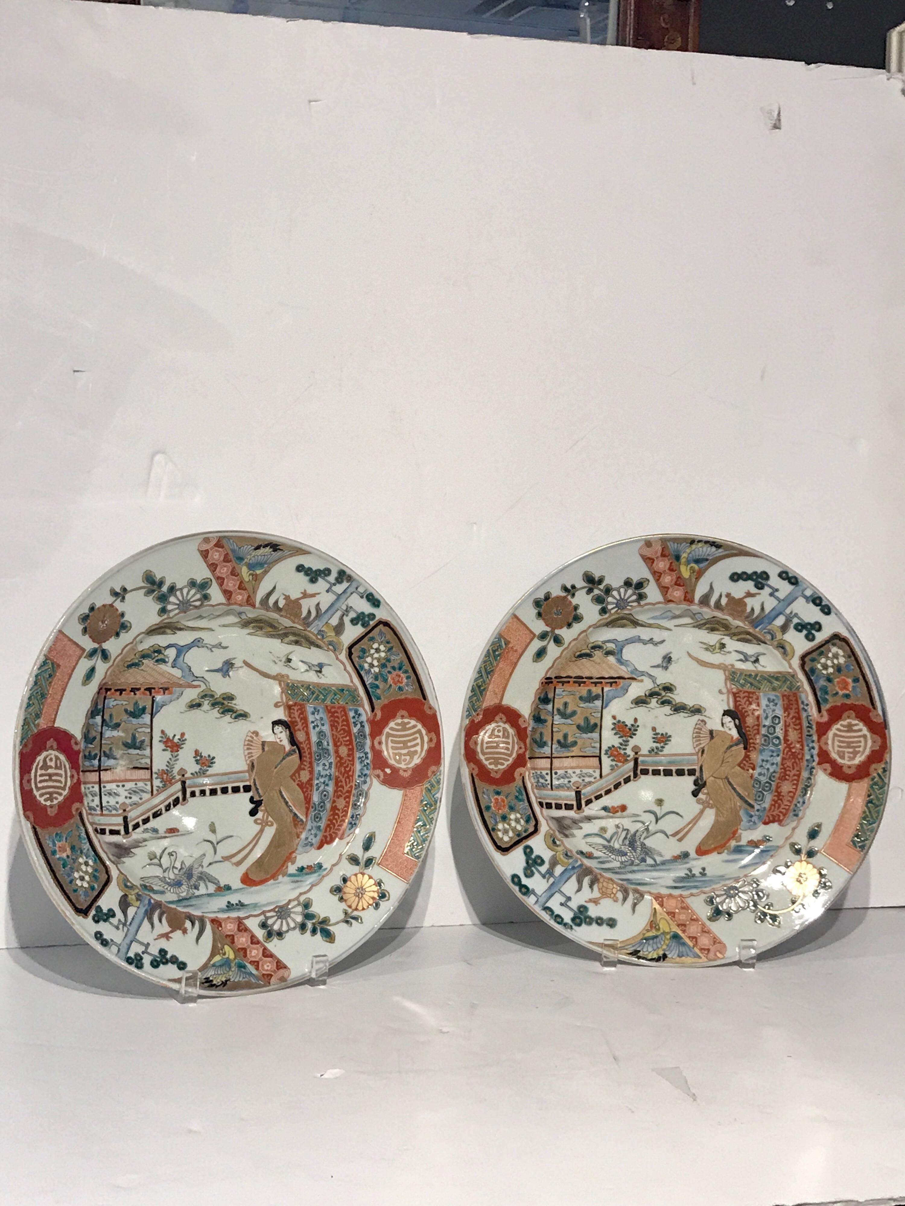 Two Meiji Imari Chargers with Court Decoration For Sale 6