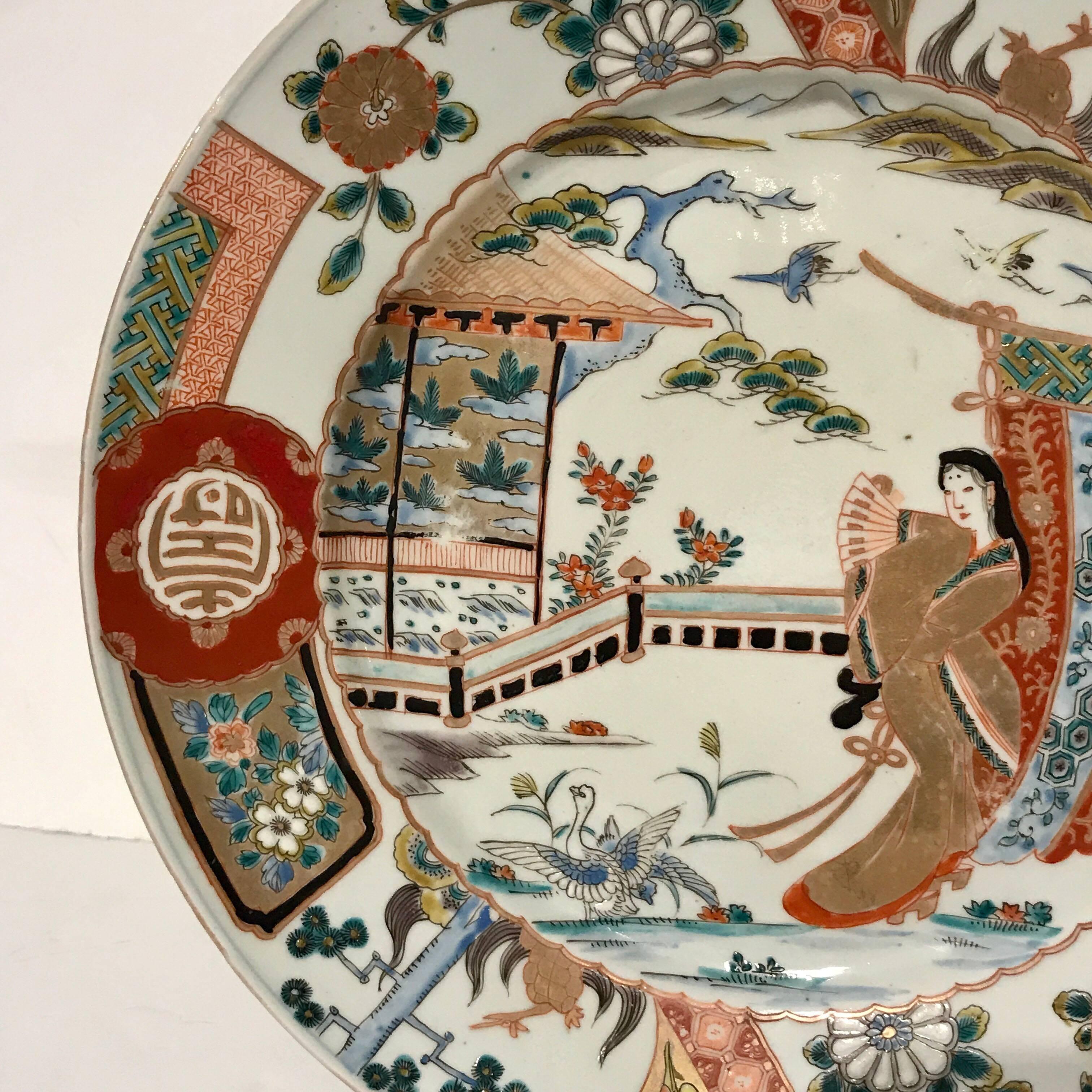 Two Meiji Imari Chargers with Court Decoration For Sale 2