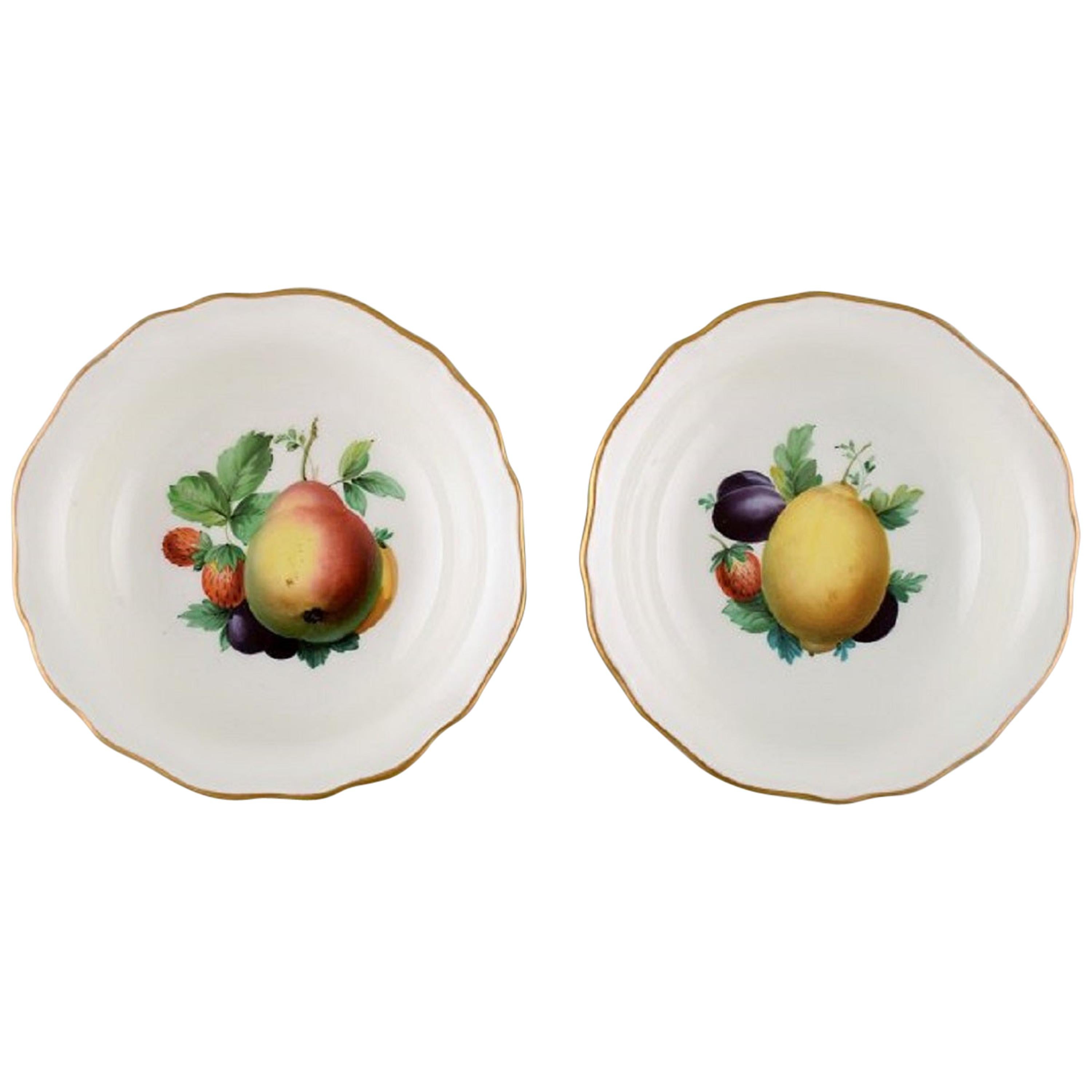 Two Meissen Bowls in Hand Painted Porcelain with Fruit Motifs and Gold Edge