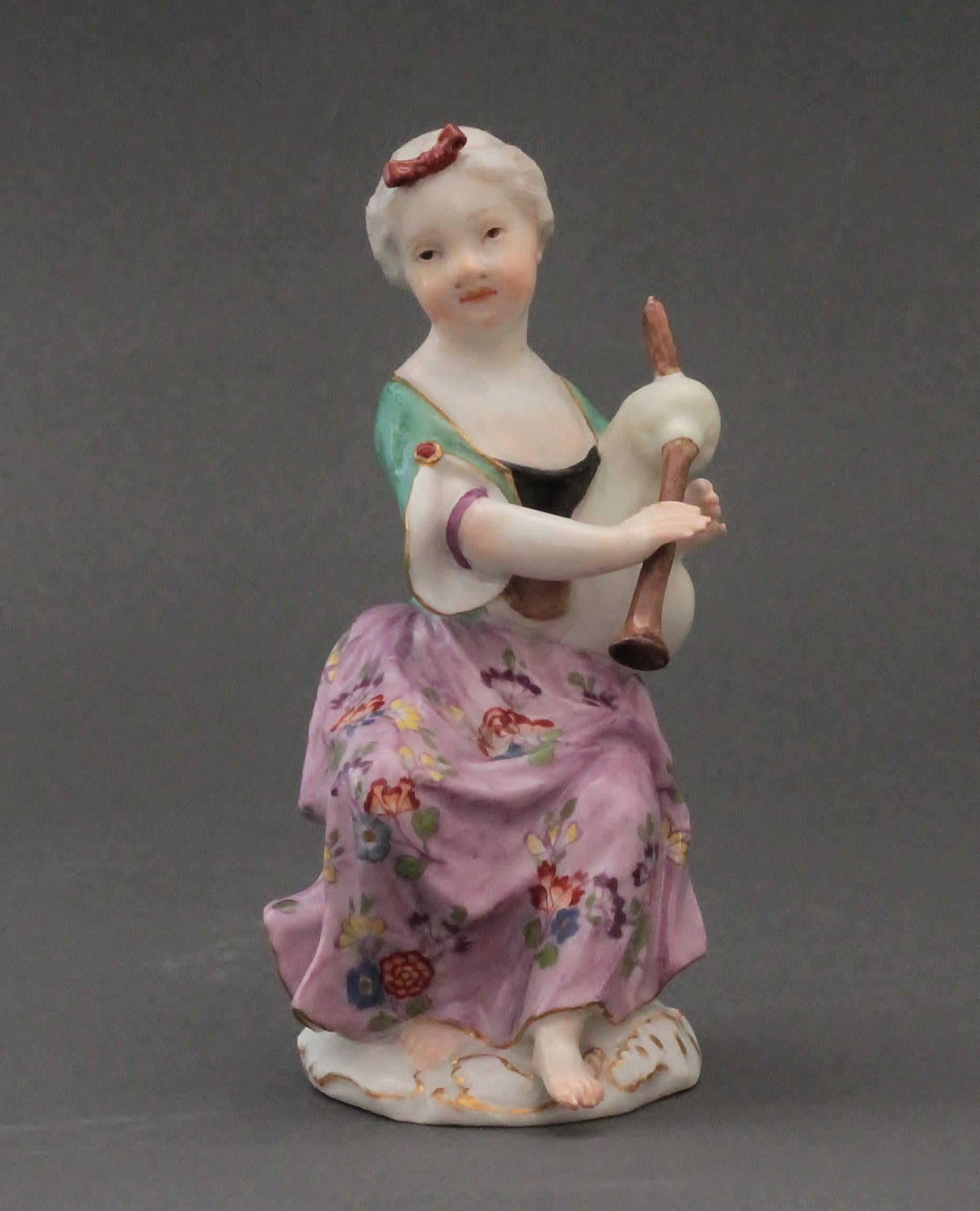Rococo Two Meissen Figures of Young Ladies Playing Instruments, circa 1755-1760 For Sale