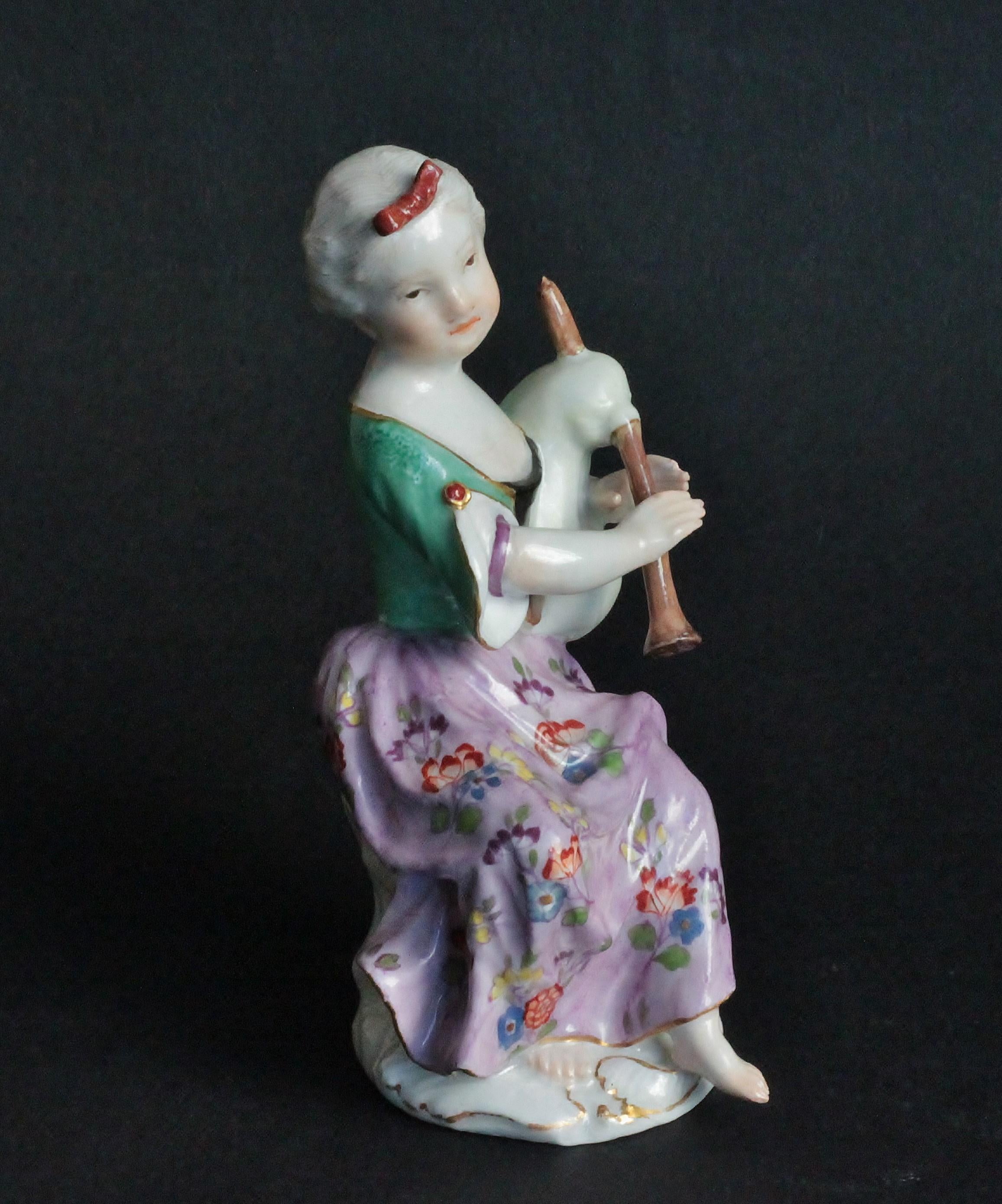 Porcelain Two Meissen Figures of Young Ladies Playing Instruments, circa 1755-1760 For Sale