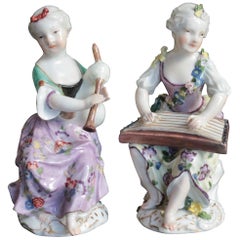 Antique Two Meissen Figures of Young Ladies Playing Instruments, circa 1755-1760