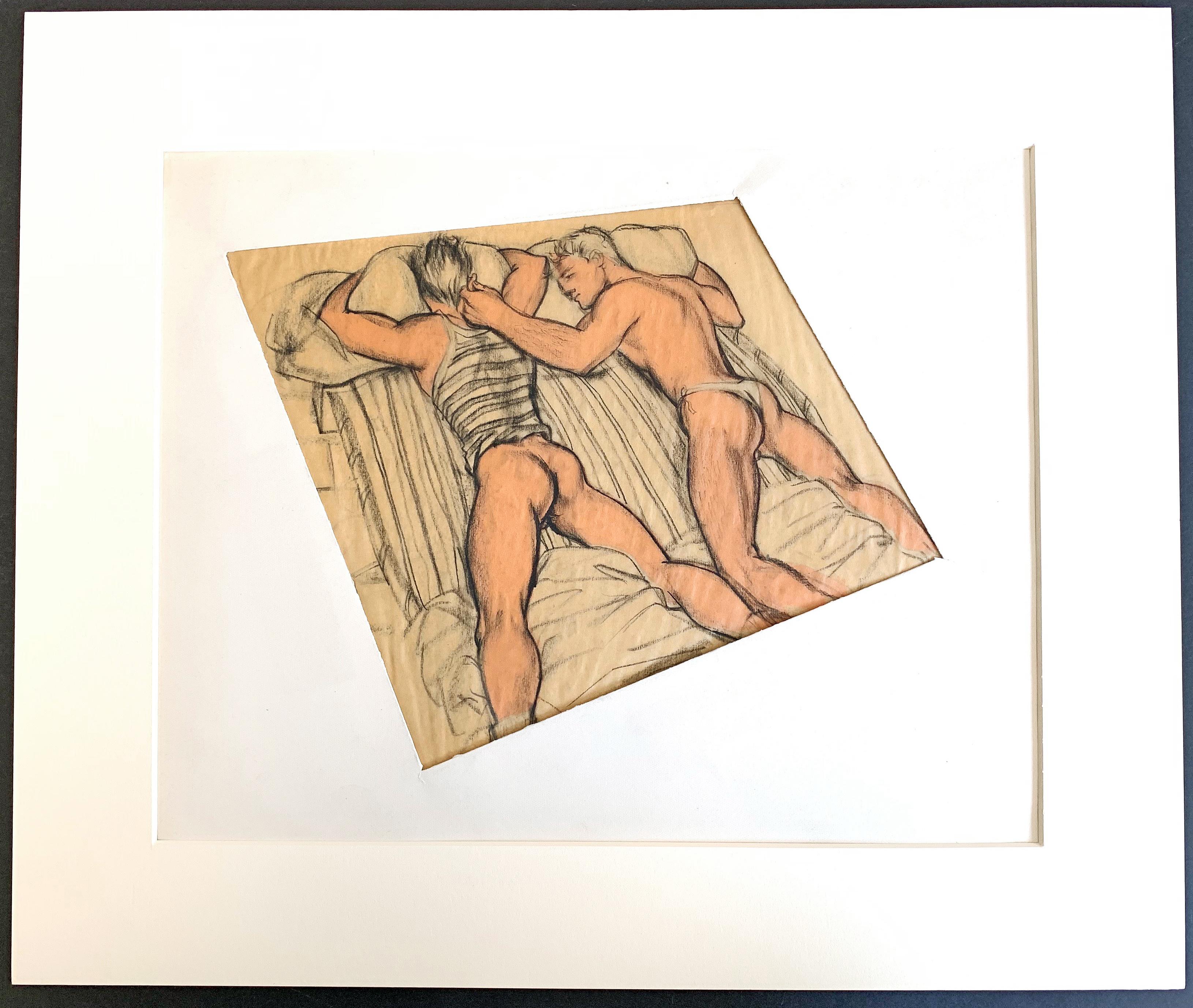 This rare depiction of a gay male couple in a quiet moment of bedroom intimacy, dating from the 1950s, was drawn by Avel de Knight, an important Black artist and teacher. Born in New York, this piece probably dates from his years in Europe as a