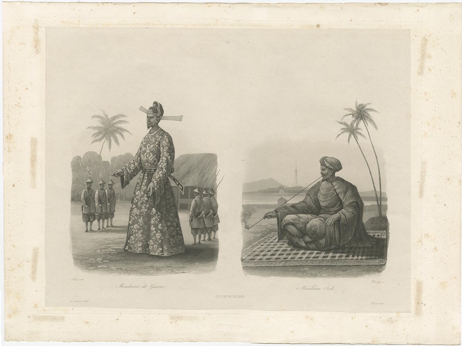 Antique print titled 'Cochinchine'. Two portaits of Vietnamese men one showing in military attire and the second in civilian dress. 

Cochinchina or Cochin-China is a historical exonym for part of Vietnam, depending on the contexts. Sometimes it