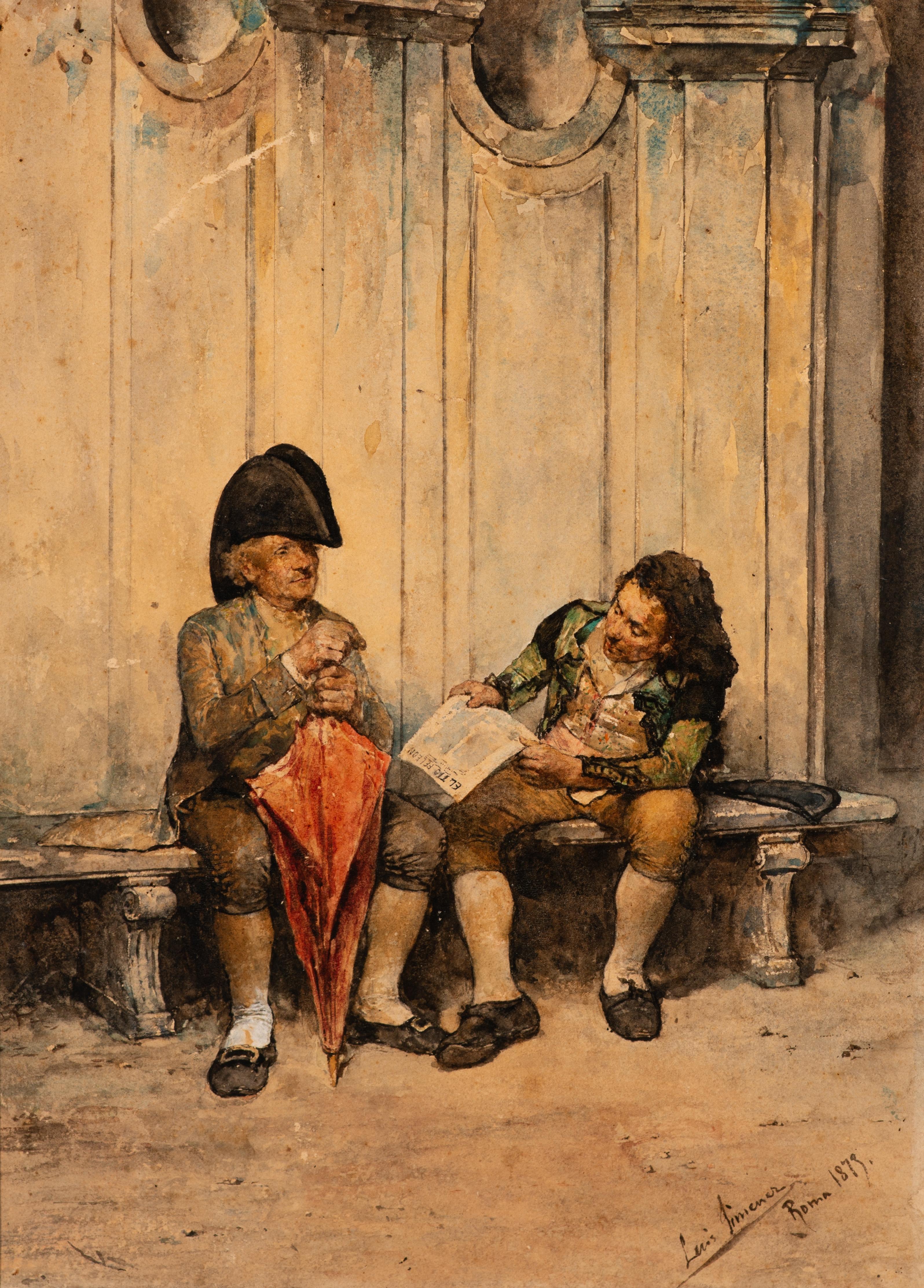  Deux hommes sur un banc. Aquarelle. JIMÉNEZ ARANDA, Luis. Rome, Italie, 1879. 
Signé, daté et localisé (en bas à droite). Vérifier les photos.
Luis Jiménez Aranda (Séville, 1845-Pontoise, France, 1928) était le frère des peintres José et Manuel