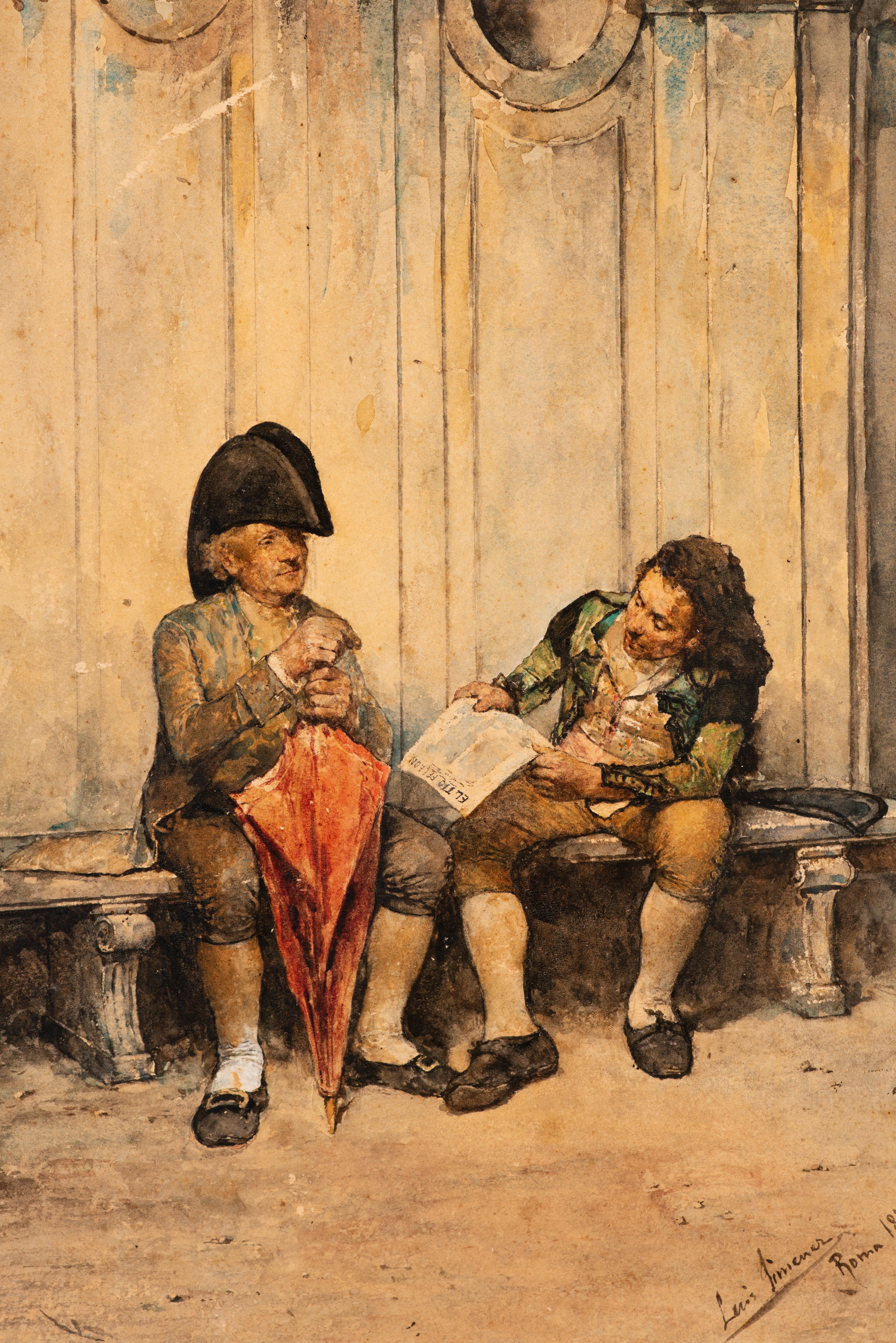Néo-classique Deux hommes sur un banc. Aquarelle. JIMÉNEZ ARANDA, Luis. Rome, Italie, 1879. en vente