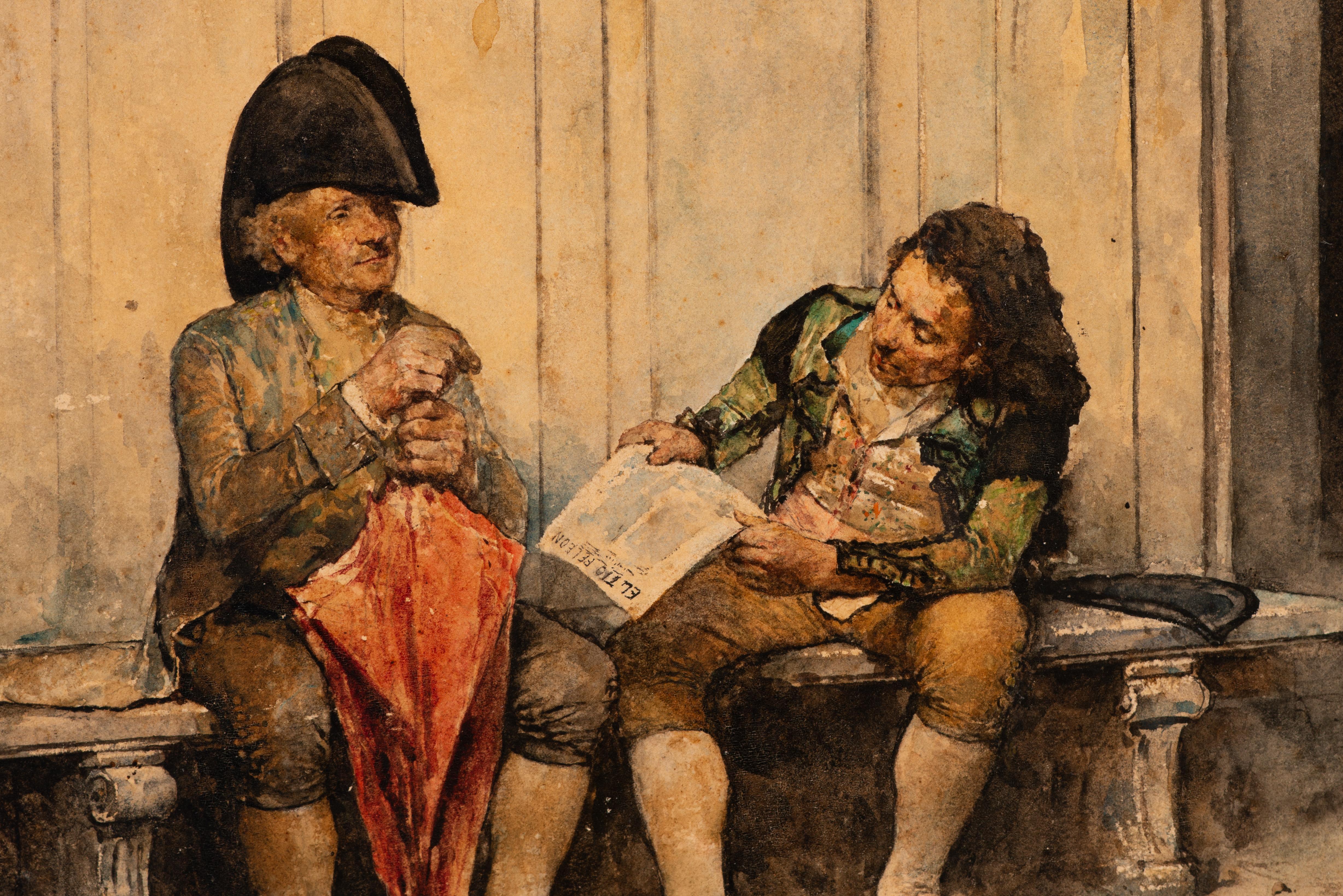 italien Deux hommes sur un banc. Aquarelle. JIMÉNEZ ARANDA, Luis. Rome, Italie, 1879. en vente