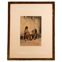 Deux hommes sur un banc. Aquarelle. JIMÉNEZ ARANDA, Luis. Rome, Italie, 1879.