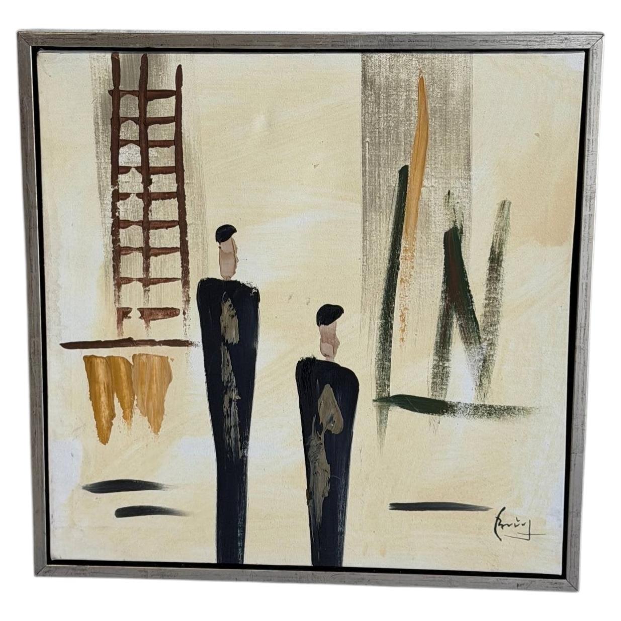 Two Men Painting Art Canvas Vintage Framed Artwork For Sale
