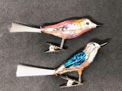 Two Mercury Glass Bird Christmas Tree Clip on Ornament, Vintage, German, 1930s