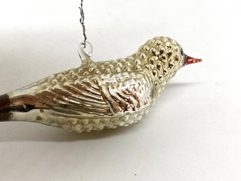 Two Mercury Glass Bird Christmas Tree Ornaments, Antique German, 1910s