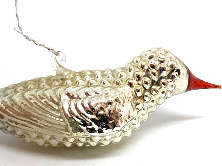 Two Mercury Glass Bird Christmas Tree Ornaments, Antique German, 1910s