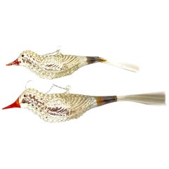 Two Mercury Glass Bird Christmas Tree Ornaments, Antique German, 1910s