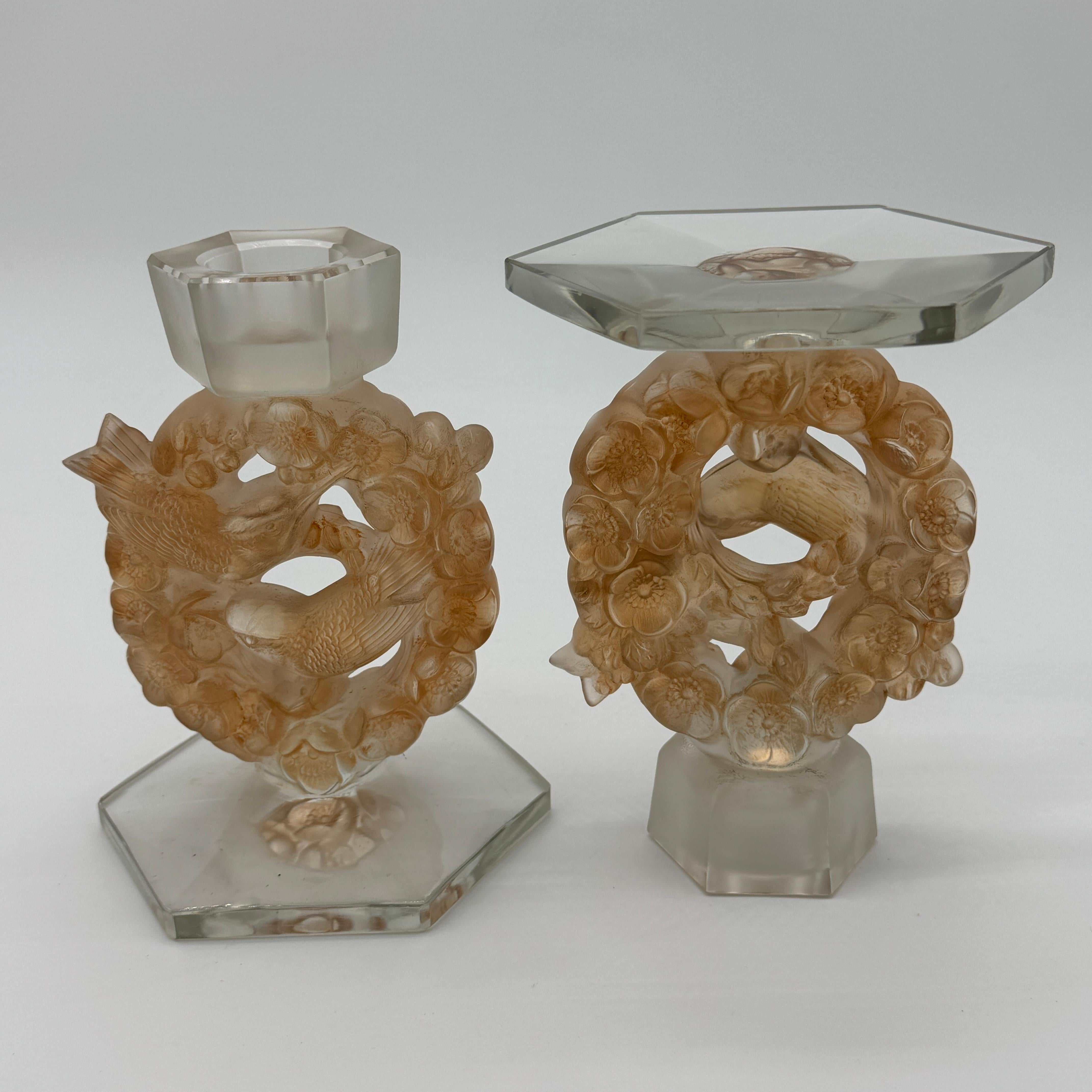 Zwei Mésanges Art Déco R.Lalique Glas-Kerzenleuchter im Angebot 1