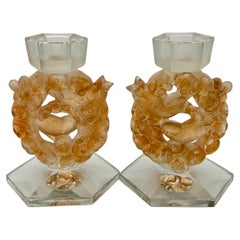 Vintage Two Mésanges Art Déco R.Lalique Glass Candlesticks